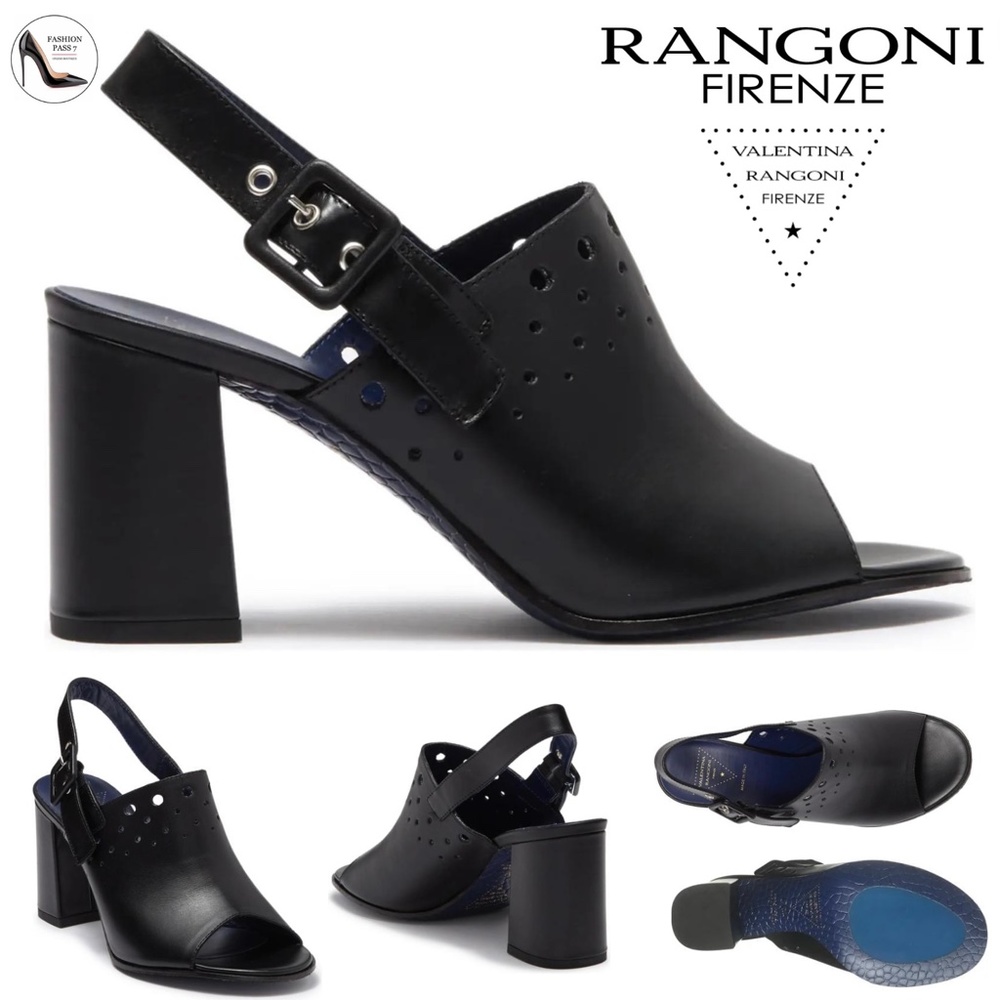 VALENTINA RANGONI Carmine Block Heel Peep Toe Mule Black Leather Heeled Sandals - Picture 3 of 11